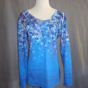 Unbranded Blue Floral V-Neck Top Long Sleeves Lite Weight sz L